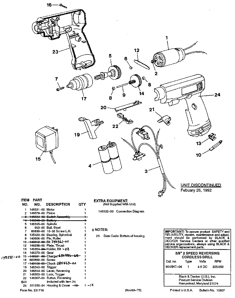 Exploded Diagram A Diagram and Parts List for 9049KC-04 Type 1 Black and Decker Drill